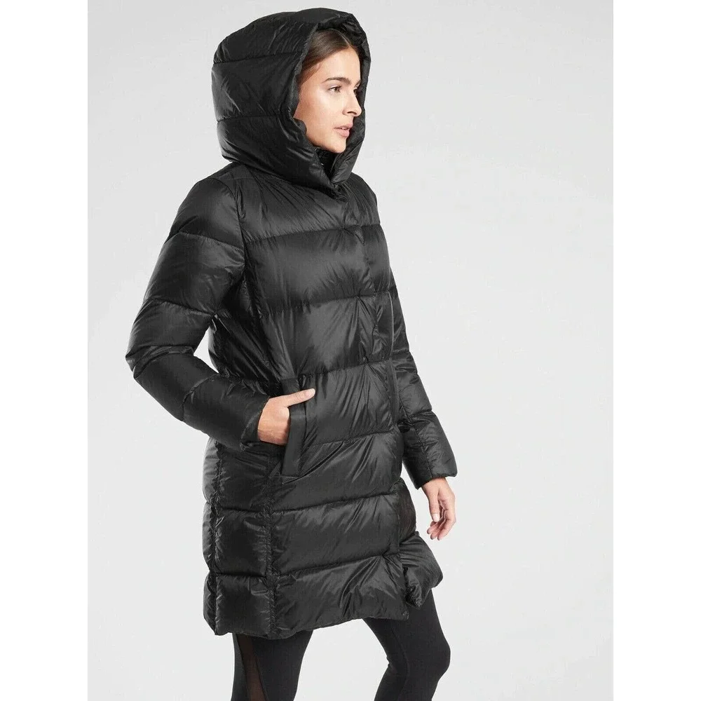 Athleta Lofty Down Coat Goose Down Black Puffer Hooded Puffy Long Coat Medium - Picture 3 of 16